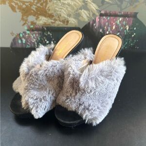 Shoe Republic LA Gray Faux Fur Mules